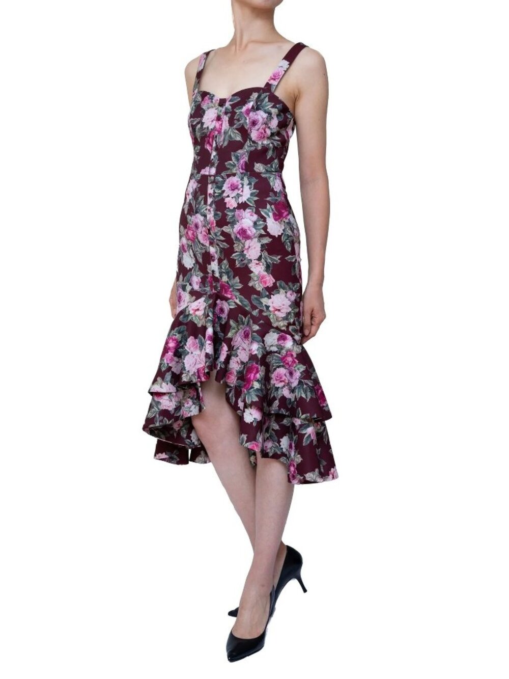 FAME + PARTNERS Floral Midi Dress With Ruffle Hem & Button Detail Sz 8 Burgundy